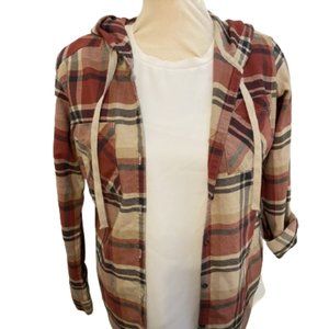 Columbia Anytime Hooded Red Tan Plaid Button Up Flannel Size Small